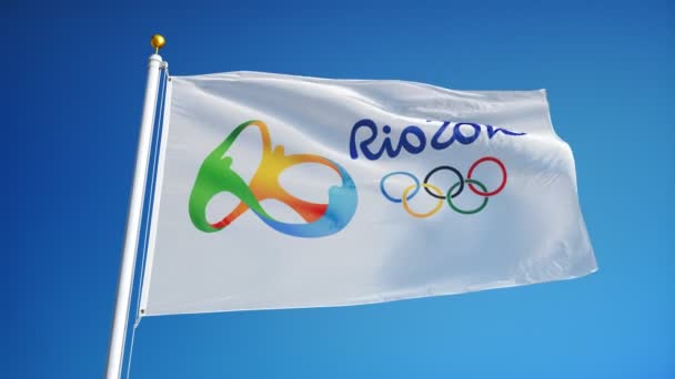 スローモーションでリオ2016オリンピックフラグは、シームレスにアルファでループ — ストック動画