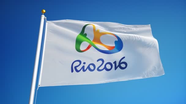 Rio 2016 Ολυμπιακή σημαία σε αργή κίνηση με απρόσκοπτη βρόχο με άλφα — Αρχείο Βίντεο