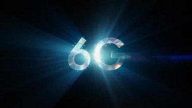 6G teknolojili metin animasyonu. Tarz sahibi gümüş harfler siyah arkaplanda parıldıyor ve parıldıyor. Güzel tipografi tekno tasarımı..