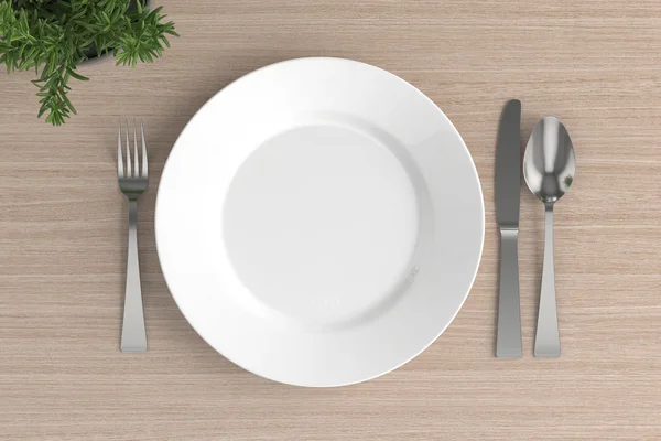 Assiette vide, cuillère, fourchette et couteau — Photo