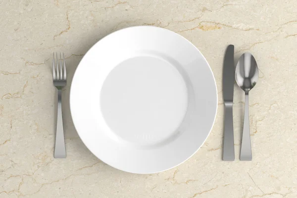 Empty plate, spoon, fork and knife — Stock Photo, Image