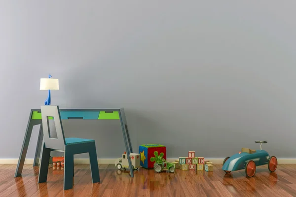 Oyuncaklar, çalışma masası ve koltuğu boş çocuk odası.