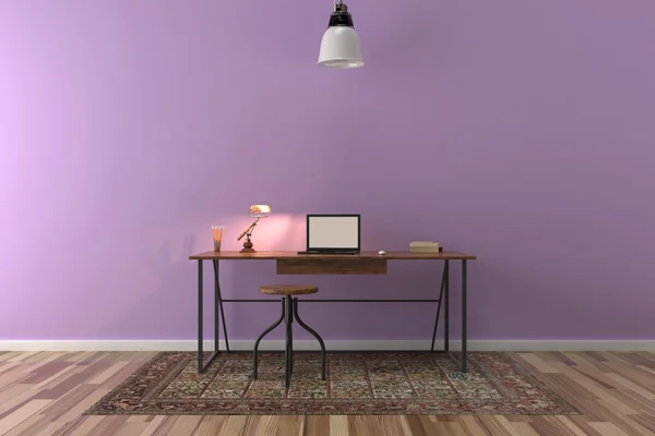 Mesa de trabalho em sala vazia com grande parede no fundo — Fotografia de Stock