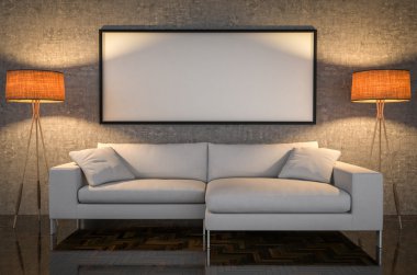Alay poster, deri koltuk, beton duvar arka plan, 3d illus.