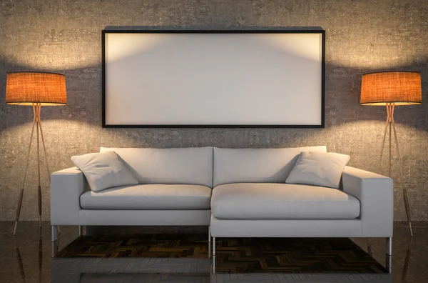 Simulacro de póster, sofá de cuero, fondo de pared de hormigón, 3d illus — Foto de Stock