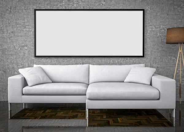 Mock up affisch, stor soffa, betongvägg bakgrund, 3d nedanstående — Stockfoto