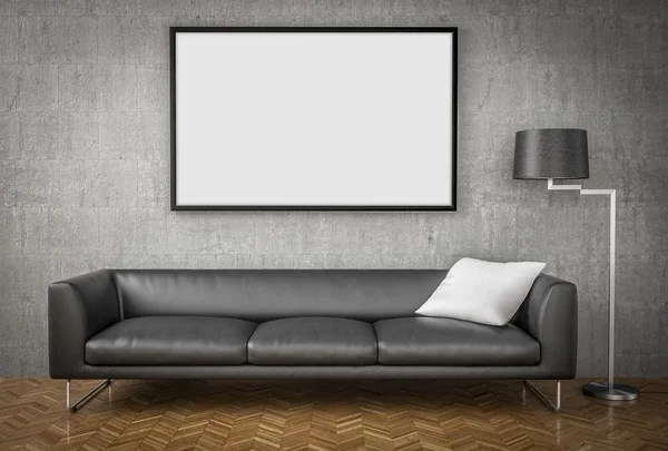 Alay poster, büyük kanepe, beton duvar arka plan, 3d illustrat.