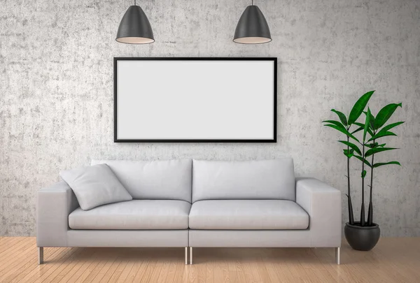 Mock up poster, sofa besar, latar belakang dinding beton, ilustrasi 3d — Stok Foto