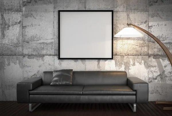 Poster-Attrappe, Ledersofa, Betonwandhintergrund, 3D-Illustration — Stockfoto