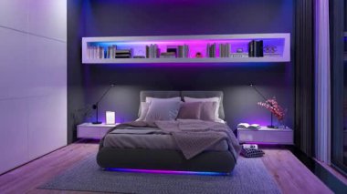 Çağdaş Yatak Odası İçi Atmosferik Renkli LED Strip Işıkları, Mor ve Mavi Ruh hali Işıkları, 3D Renkli Canlandırma.