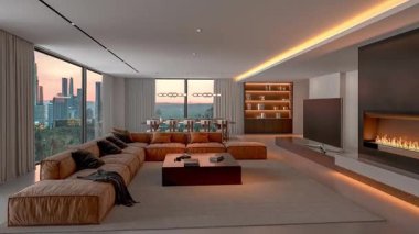 Pürüzsüz Kameralı Lüks Oturma Odası Şömine ve Panoramik Şehir Manzaralı Modern Daire İçi, 3D Canlandırma.