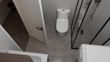 Modern Banyo, Çamaşır Makinesi ve Siyah Çerçeve Duş Kabini, Küçük Daire Tasarımı, 3D Yapılandırma.