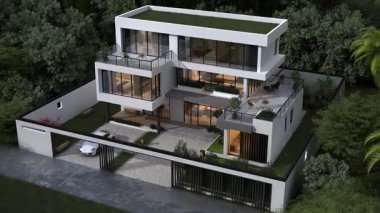 Satılık ya da kiralık havuzu olan modern, rahat bir evin 3 boyutlu tasarımı. Açık ve güneşli bir akşamın arka planında güzel bir peyzaj var..