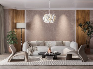 Tarafsız Ton Oturma Odası, Heykel Mobilyaları, Dokulu Duvar, Tahta Paneller ve Dramatik Güneş Işığı Gölgeleri. Fotorealistik 3B Hazırlama