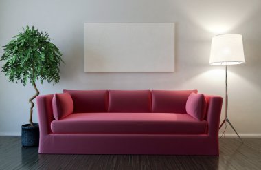 Boş tuval ve kanepe mockup - 3d çizim