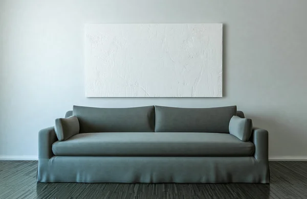 Порожнє полотно і диван у порожній кімнаті макет - 3D ілюстрація — стокове фото