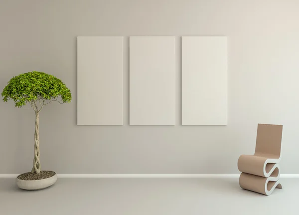 3 vászon a fehér fal növény és szék. — Stock Fotó