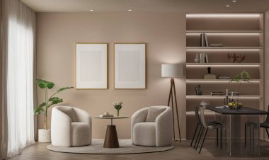 Bulut Dansçısı Pantone Rengi 'nde Led Rafları, Modern Koltuklar ve İkili Sanat Çerçeveleri