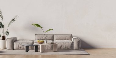 Modern Minimalist Oturma Odası İçi Bulut Dansçısı Limewash Duvarları, Çağdaş Mobilyalar ve Boş Duvar Model Mekanı