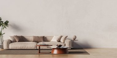 Modern Minimalist Oturma Odası İçi Bulut Dansçısı Limewash desenli Duvar, Premium Meşe Sembol Parke ve Lüks Mobilya Kopyalama Mekanı