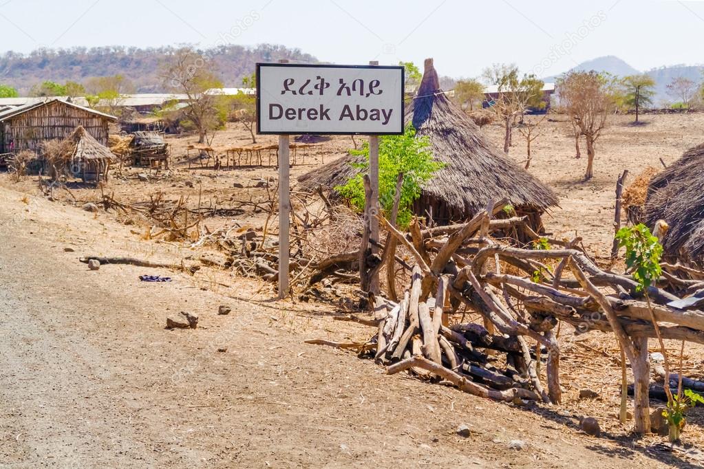 Road sign to Derek Abay village in Ethiopia.
