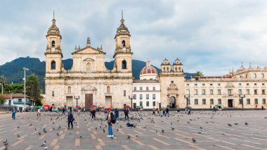 13 Şubat 2025 'te Bogota, Kolombiya' da insanlar Plaza de Bolivar 'da yürüyor güvercinler meydanda toplanırken Primatial Katedrali ve tarihi hükümet binaları bulutlu bir gökyüzünün altında..