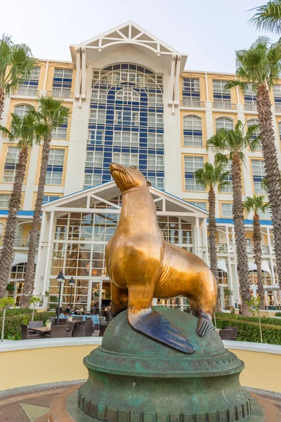 Estátua do leão-marinho em frente ao Hotel Table Bay na Cidade do Cabo — Fotografia de Stock