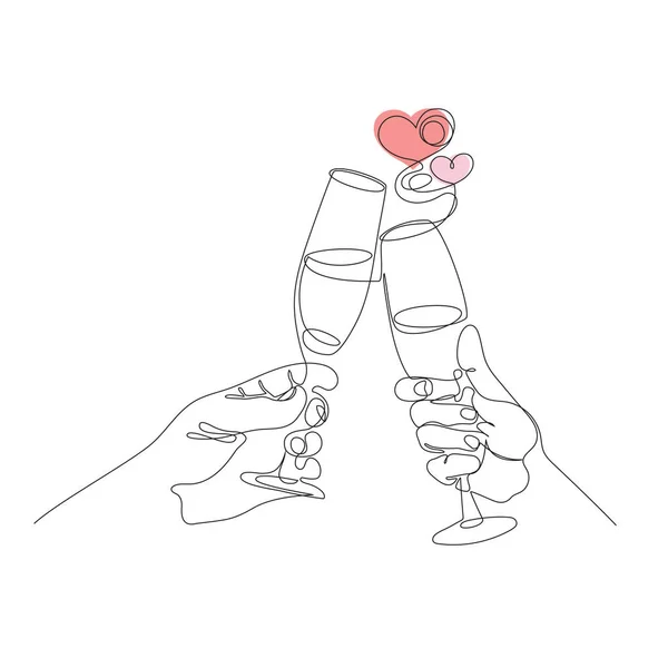Dua tangan, gelas dengan sampanye dan hati. Gambar satu baris. Stok Ilustrasi 