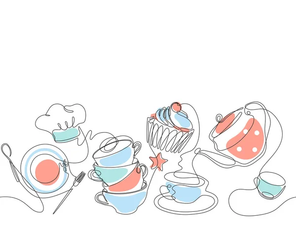 Teteras y tazas se dibujan en una línea. Fiesta de té. Patrón cocina. — Vector de stock