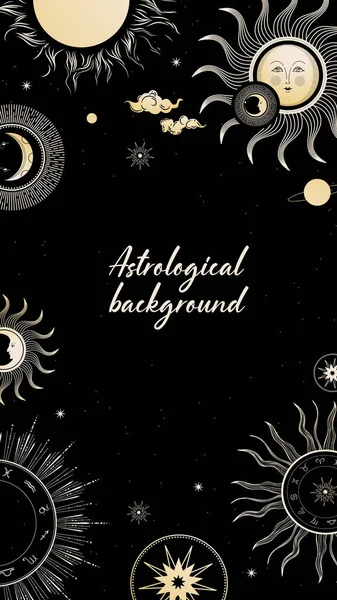Fond noir avec des symboles soleil, croissant et zodiaque. — Image vectorielle