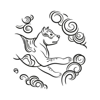 Bir köpeğin vektör görüntüsü. Yuvarlak amblem. Köpek yılı..