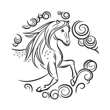 Bir atın vektör görüntüsü. Yuvarlak amblem. At yılı..