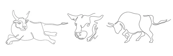 Los toros se dibujan en una línea. Conjunto de ilustraciones. Línea continua. — Archivo Imágenes Vectoriales