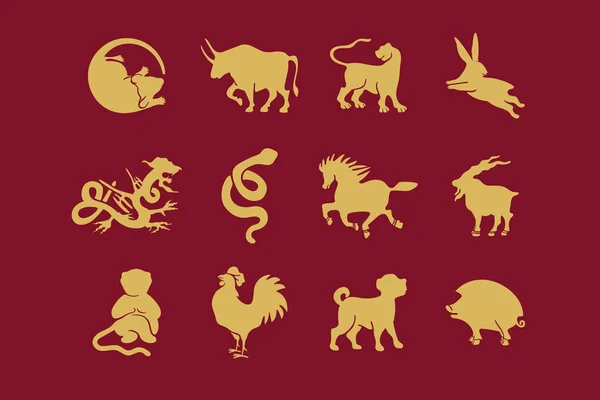 Der Satz von Symbolen des chinesischen Horoskops. Zwölf Tierkreiszeichen. Östliches Horoskop. — Stockvektor