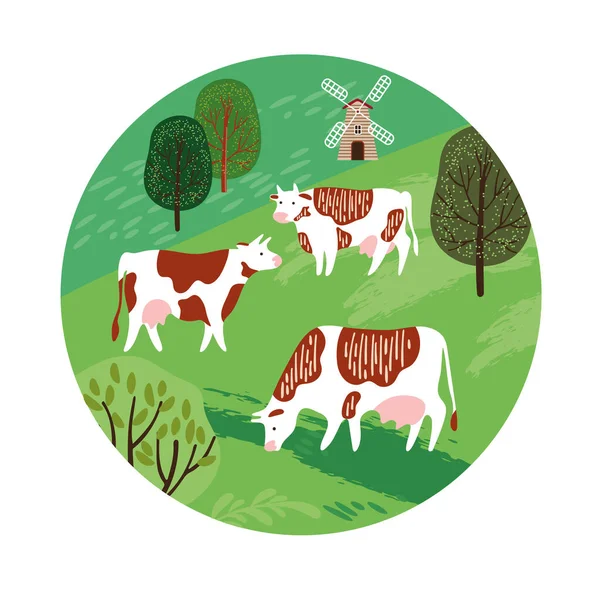 Vacas no pasto. Silhuetas de vacas e árvores. Composição geométrica. —  Vetores de Stock