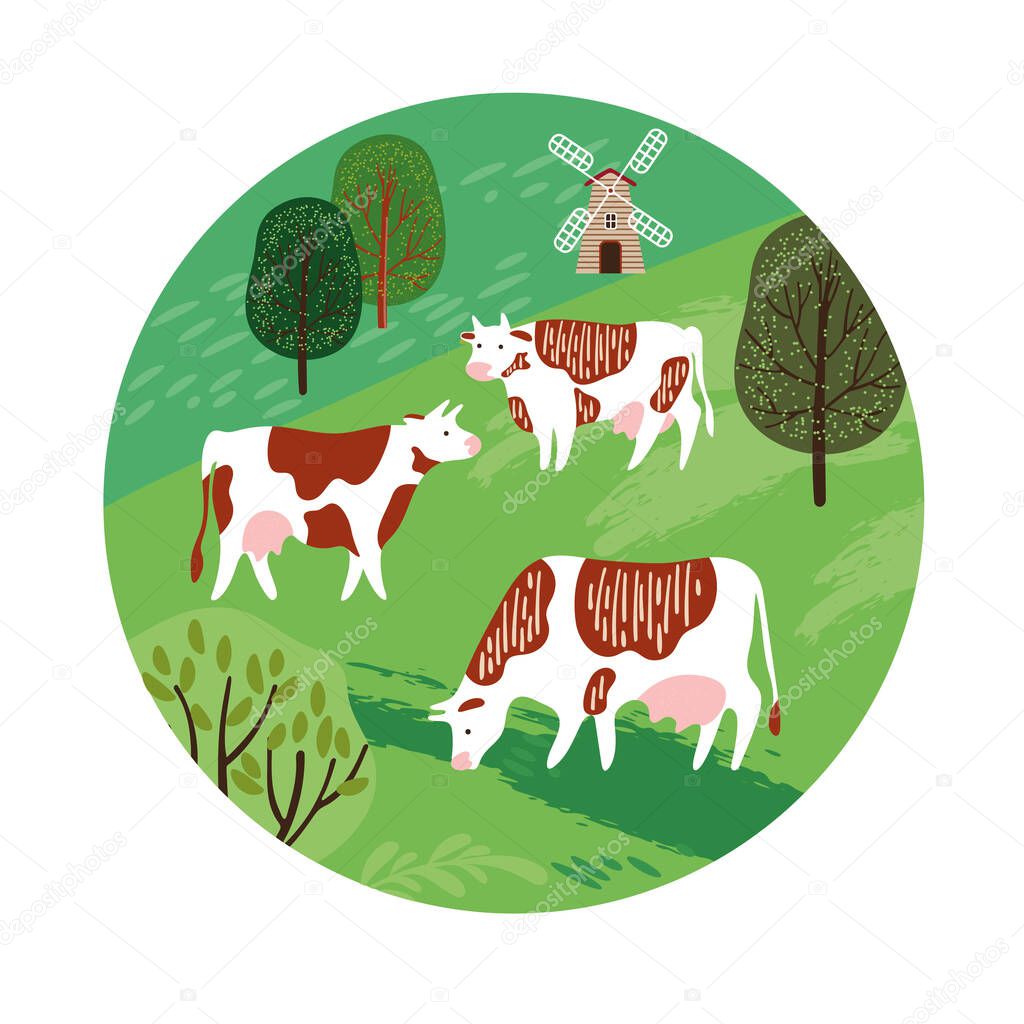 Cows in the pasture. Silhouettes of cows and trees. Geometrical composition.