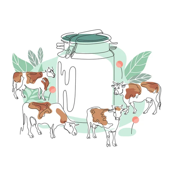 Leite pode e vacas pastando. Ilustração vetorial. As vacas são desenhadas em uma linha. — Vetor de Stock