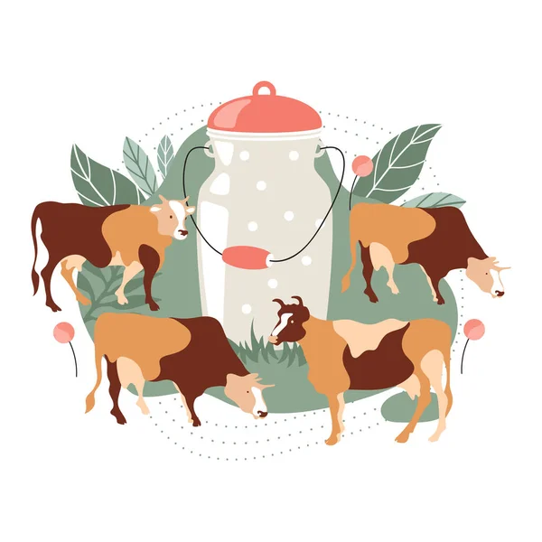 Leite pode e vacas pastando. Silhueta de vaca feita de segmentos multicoloridos. Ilustração vetorial. —  Vetores de Stock