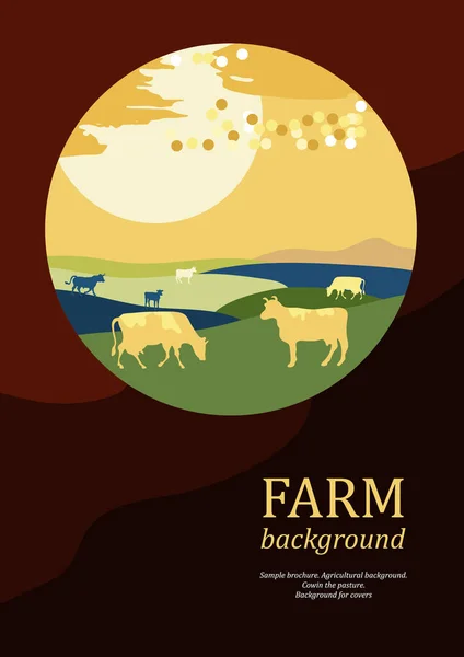 Beispielbroschüre. Landwirtschaftlicher Hintergrund. Sonnenuntergang. Kühe, die aus Kreisen bestehen. Silhouetten von Kühen. — Stockvektor