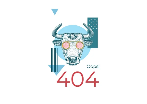 404 면. 존재하지 않는 페이지에 연결 해. 분홍색 안경을 쓰고 기하학적 모양을 한 황소. — 스톡 벡터