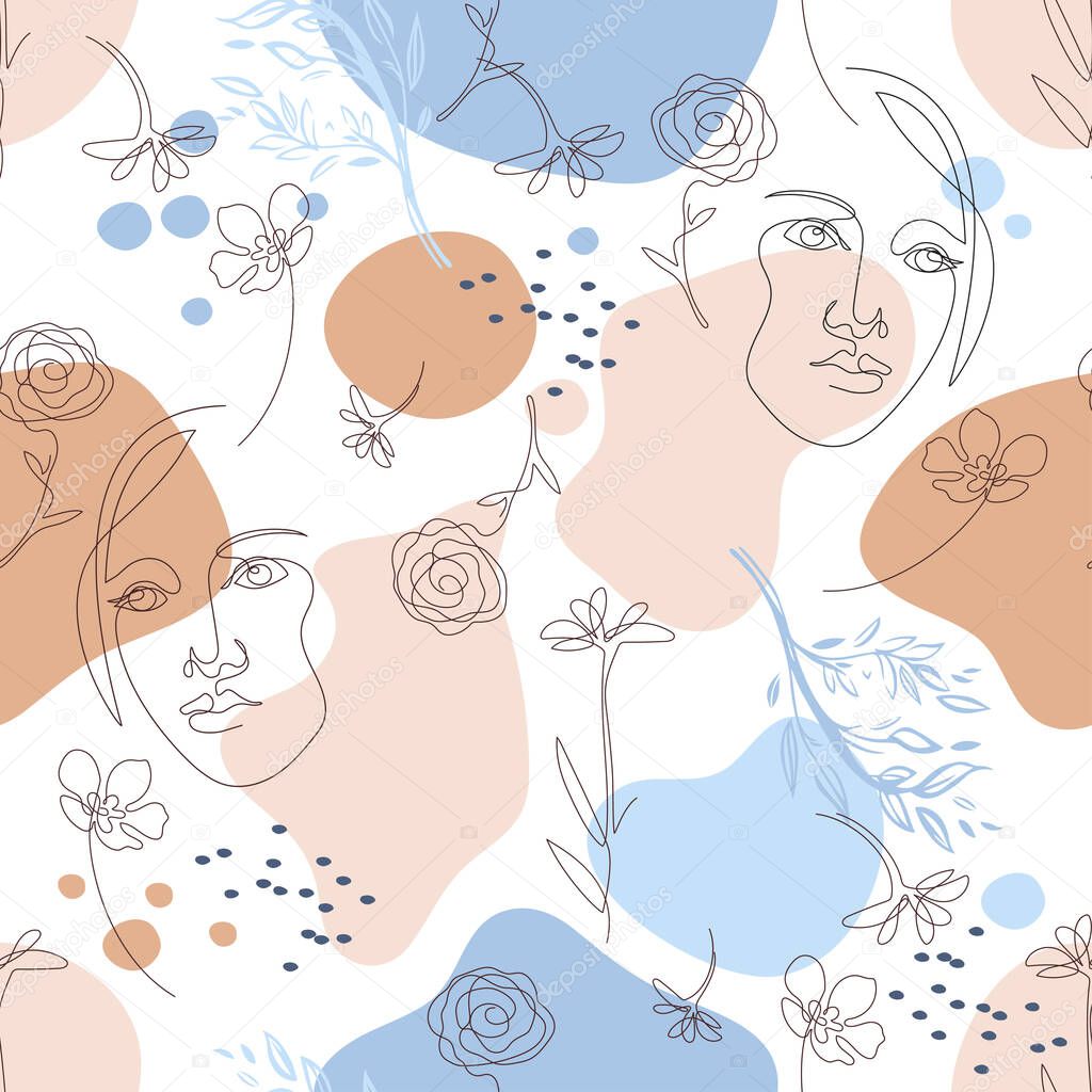 Seamless pattern with female faces. Female face drawn in one line.