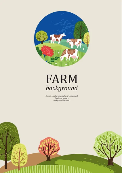 样本小册子。农业背景。奶牛在牧场里牛和树的轮廓. — 图库矢量图片