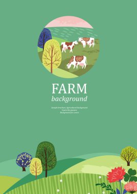 Sample brochure. Agricultural background. Cows in the pasture. Silhouettes of cows and trees. clipart