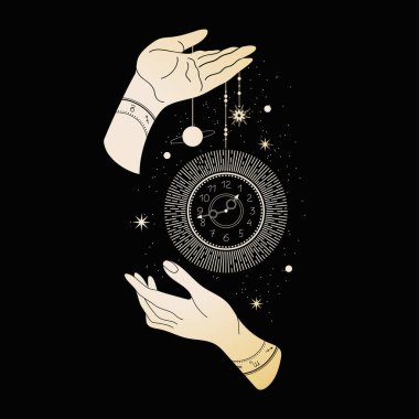 Saatli sihirli eller. Yıldızlı ve gezegenli uzay.