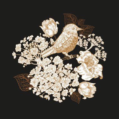 Siyah arka planda bir buket çiçek. Çiçekçilik. Klasik grafikler.