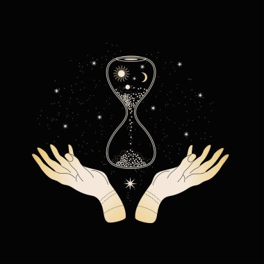 Kum saati ile sihirli eller. Sonsuzluk. Güneş, hilal ve gezegenler.