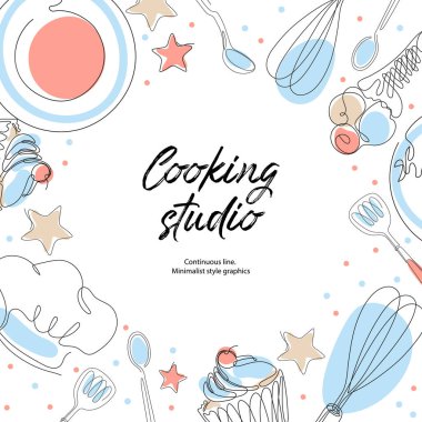 Mutfak ürünleri ve mutfak aletleri. Kekler, tabaklar, kaşıklar, yemek şapkaları. Aşçılık ana sınıfı, stüdyo, logo.