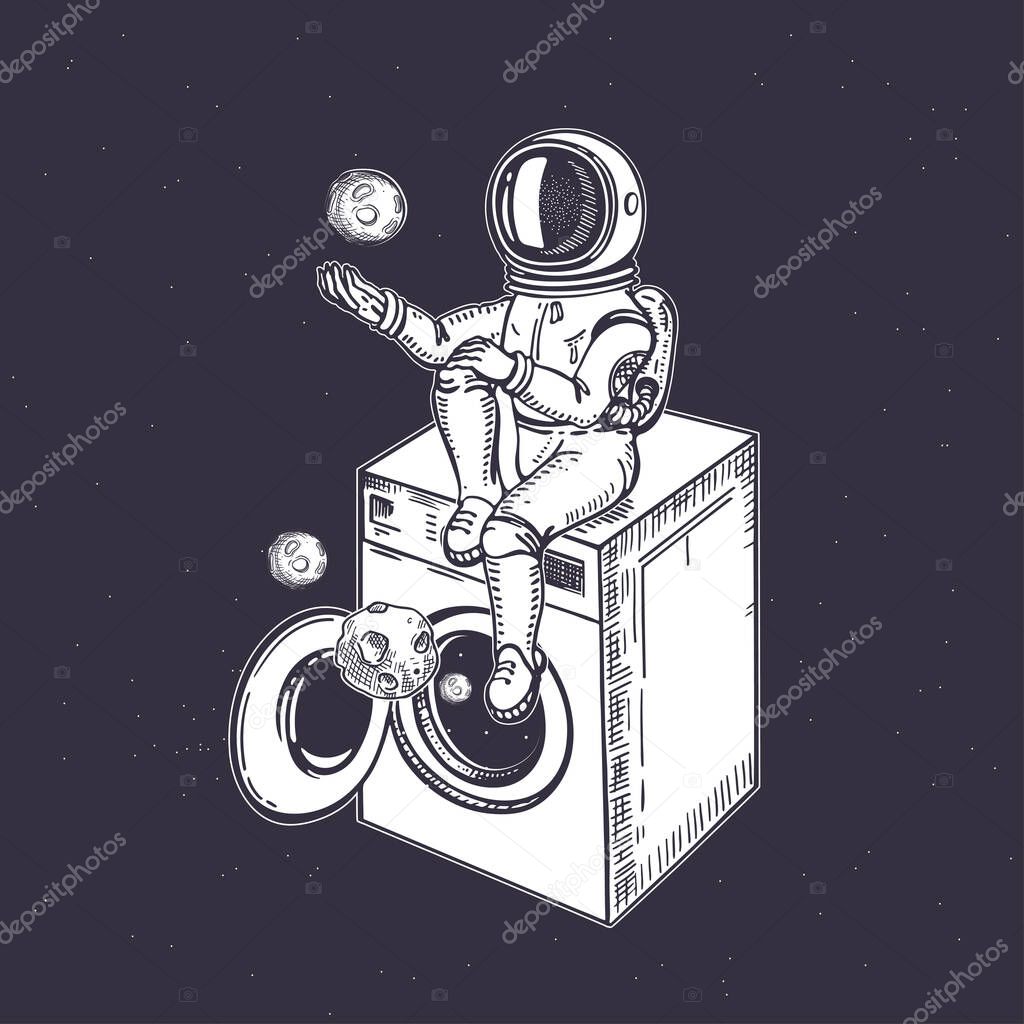 The astronaut is sitting on the washing machine. Planets fly out of the washing machine.