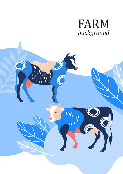 Folleto de muestra. Fondo agrícola. Siluetas de vacas y hojas. — Vector de stock