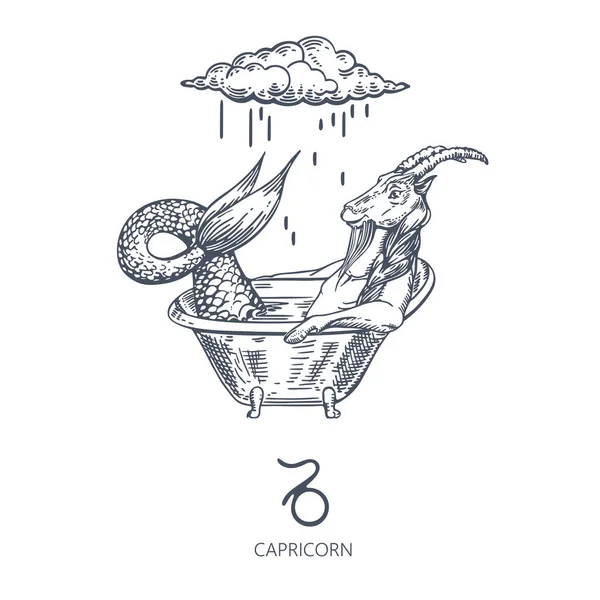 Signo do zodíaco do capricórnio. Capricórnio está sentado no banho. Nuvem e chuva. —  Vetores de Stock
